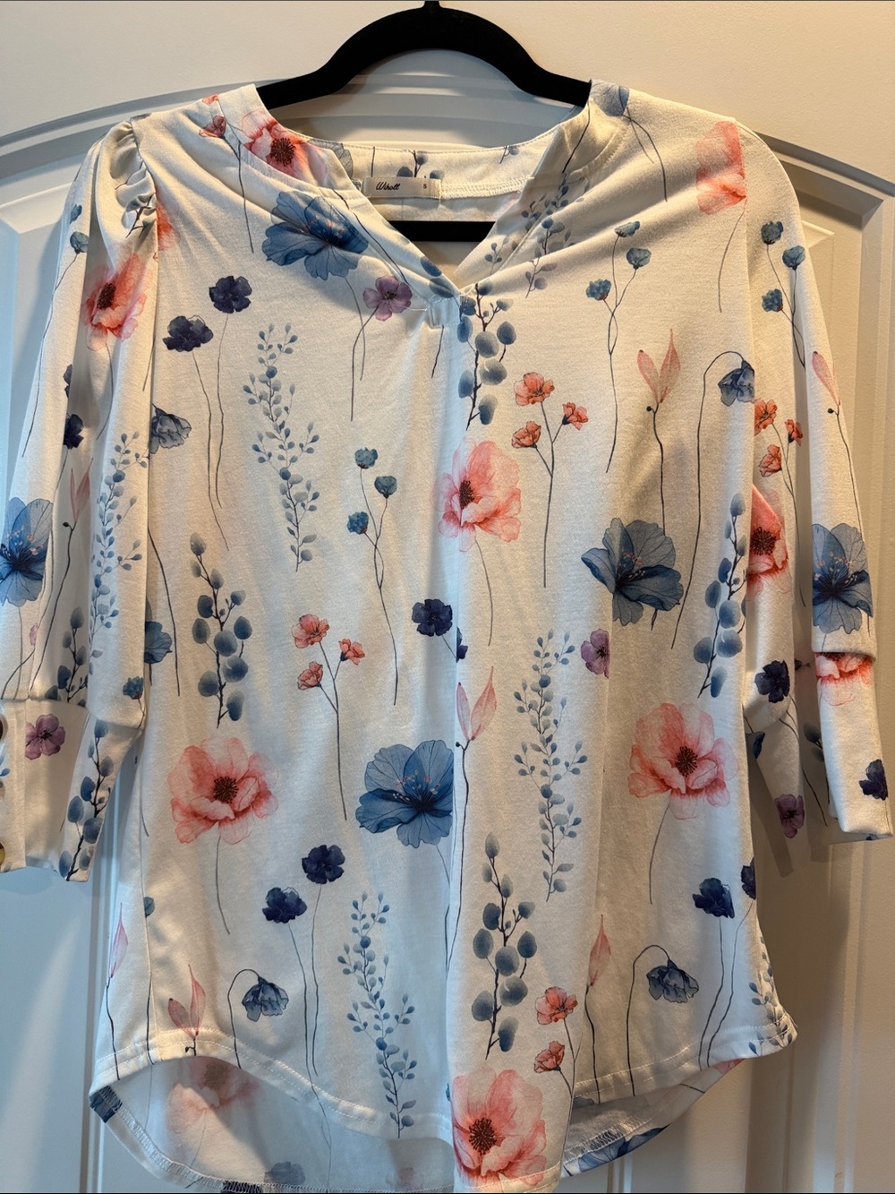 Women’s Floral V-Neck 3/4 Sleeve Top - White with Blue & Pink Floral Print